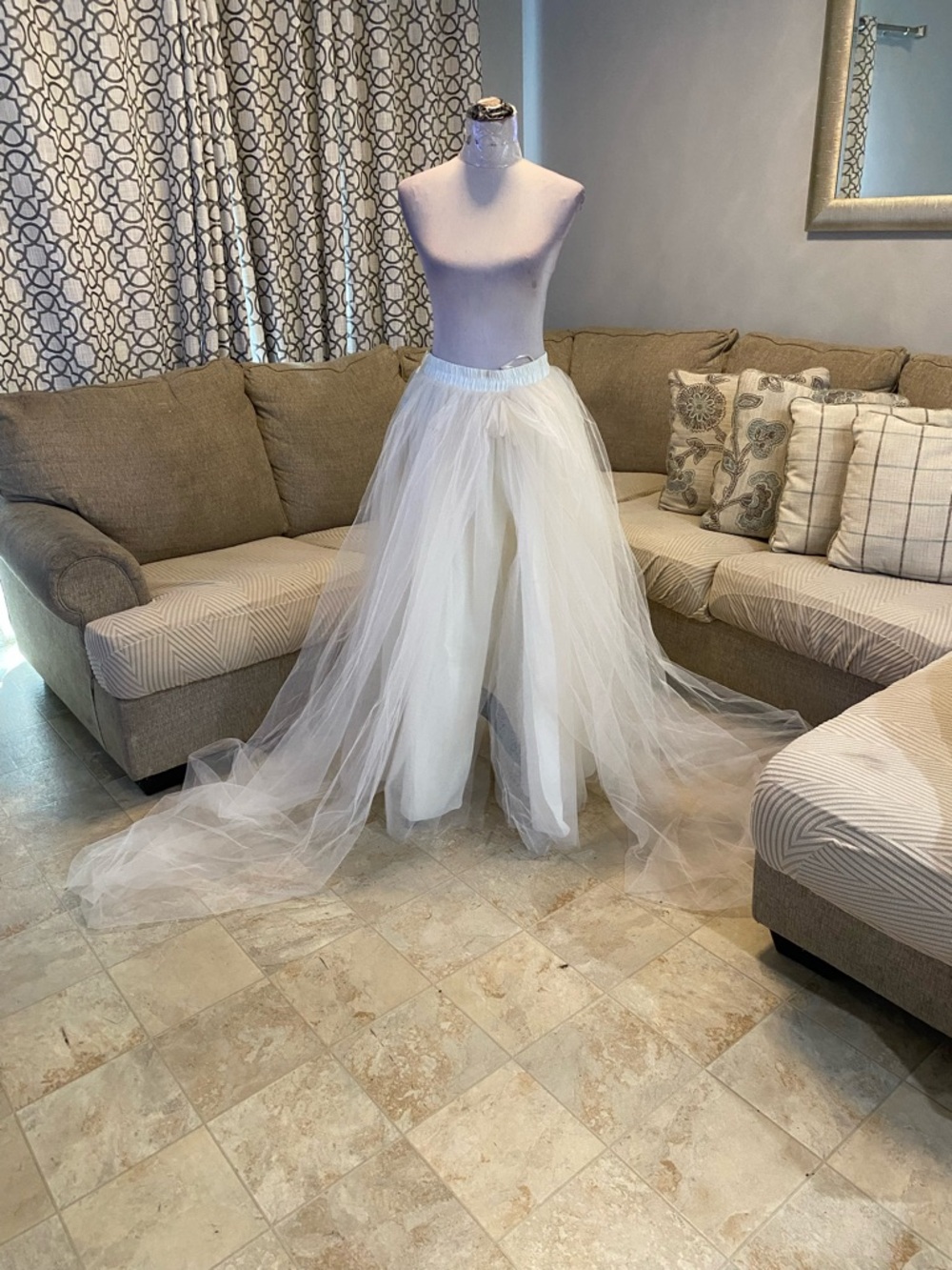 New White multi-layered tulle skirt Women XL with a flowing train and Slit